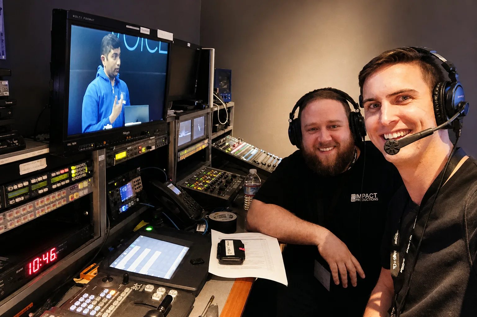 Two operators at a broadcast switcher during a live show