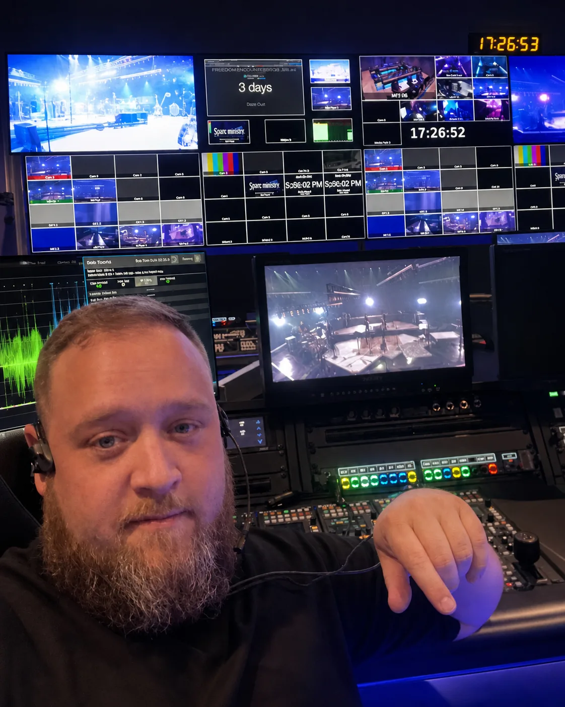 Jesse in the director's chair at a multiviewer wall